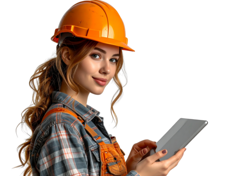 Firefly_Female construction worker using a tablet, isolated on a transparent background. PNG