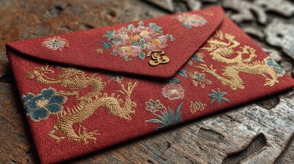 Red chinese envelope with embroidered gold dragons and floral designs resting on rustic wooden surface