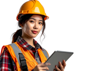 Female construction worker using a tablet, isolated on a transparent background. PNG