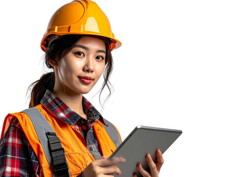 Firefly_Female construction worker using a tablet, isolated on a transparent background. PNG - Powered by Adobe