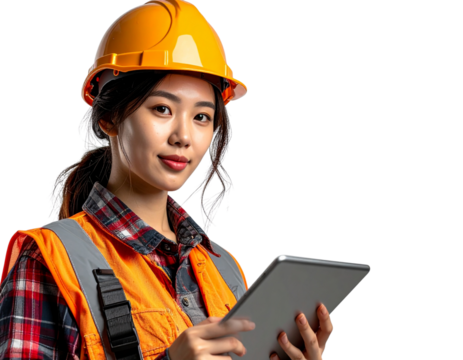 Firefly_Female construction worker using a tablet, isolated on a transparent background. PNG - Powered by Adobe