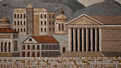 Ancient city mosaic art depicting architecture and mountains in the background view