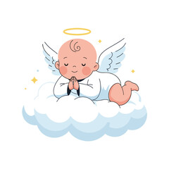 A sweet angelic baby resting peacefully on a fluffy cloud with a halo shining brightly