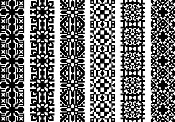 Seamless geometric repeating intricate lace patterns with squares and triangles and other flat geometric shapes.