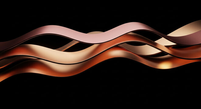 Elegant flowing rose gold ribbons on black background