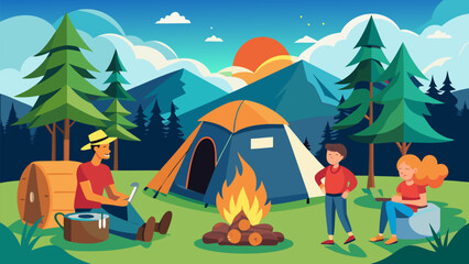 People camping in the forest with a tent and campfire surrounded by trees and mountains at sunset