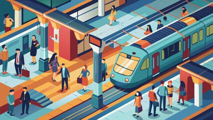 Fototapeta premium Passengers waiting and walking on a vibrant metro platform with a modern train at the station