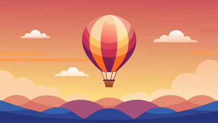 Fototapeta premium Hot air balloon flying over colorful hills during sunset with scenic sky and clouds