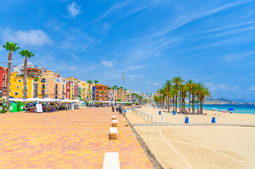 Villajoyosa old town embankment promenade with typical colorful houses traditional multicolored buildings, Platja Centre Central Beach Costa Blanca Mediterranean Sea, La Vila Joiosa city, Spain