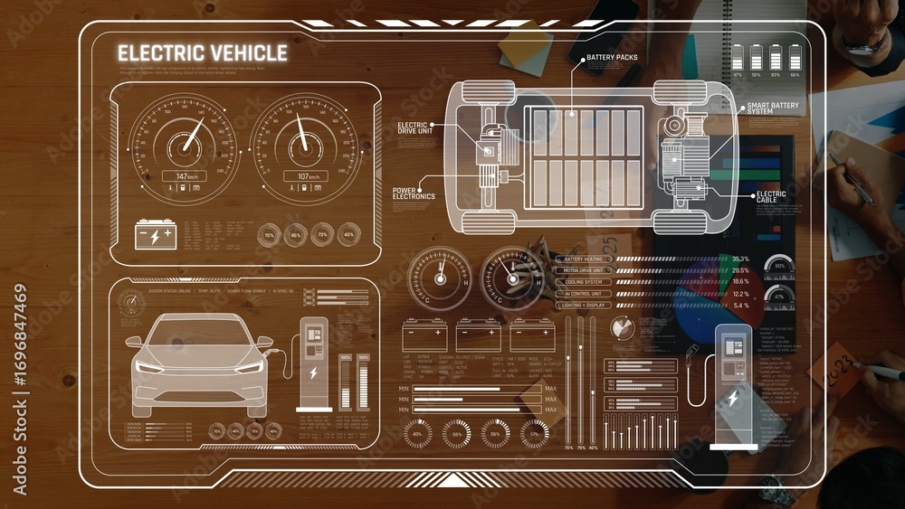Poster a comprehensive infographic showcasing an electric vehicle dashboard with detailed battery and perfo