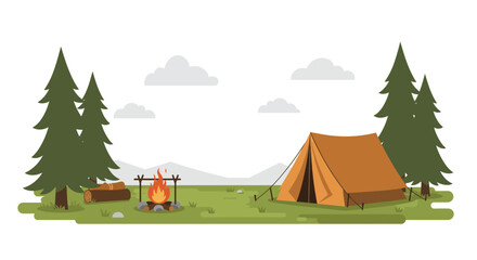 a cozy campsite with tent firewood trees and distant mountains © RMvectors02