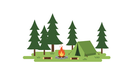 a cozy campsite with green tent near burning fire surrounded by trees
