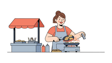 Culinary Craftsmanship: A woman is masterfully cooking at her street food stall, she expertly uses spatula to flip several golden fried pancakes.