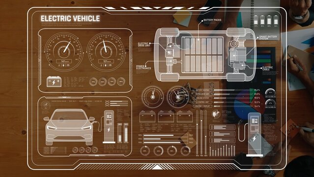 A comprehensive infographic showcasing an electric vehicle dashboard with detailed battery and performance metrics, serving as a valuable visual tool for automotive technology enthusiasts. Raster
