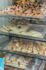 Traditional Spanish and Arabic sweets in shop display. Tarifa. Spain. September 2025.