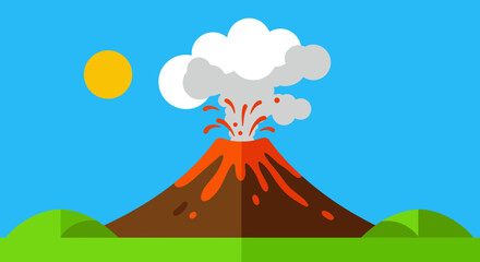 volcano erupting with smoke lava flowing under sunny sky © RMvectors02