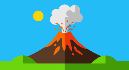 a volcano erupting with smoke lava and sun above