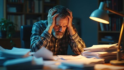 Stressed business owner faces financial difficulties late night. Frustrated man surrounded unpaid bills, documents. Overwhelmed by debt. Financial crisis in home office. Economic problem concept.