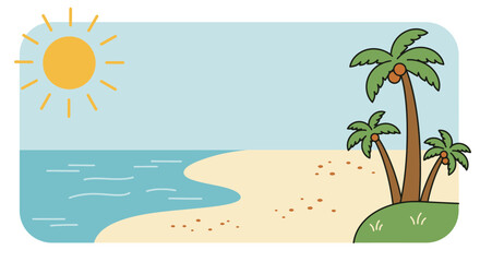 a sunny beach scene with palm trees and blue ocean