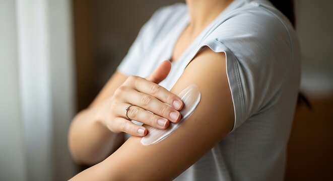 Woman Applying Moisturizing Cream on Arm for Skincare Routine at Home
