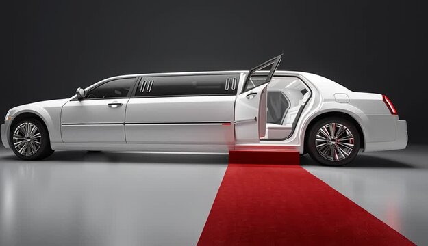 VIP service. The limousine is parked with the door open, and a red carpet leads to the open door.