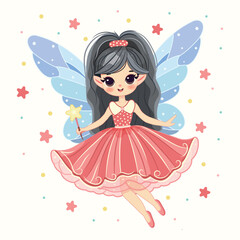 Cute fairy girl flies in the sky with wings and a magic wand flies in the sky on white background. Poster, Banner, Flyer, Greeting Card. Vector illustration in flat cartoon style