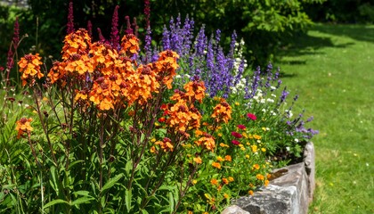 Colorful floral arrangement in a summer garden, showcasing orange wallflowers