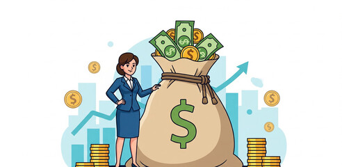 Business Woman and Money Bag Cartoon Vector,Business Concept