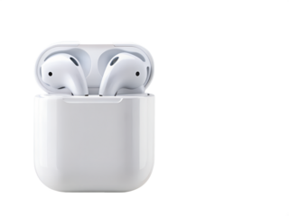 White wireless earbuds in charging case isolated on transparent background
