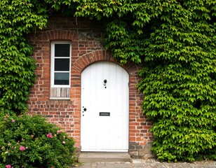 A charming white door in a brick wall covered with lush green ivy