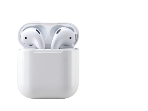 White wireless earbuds in charging case isolated on transparent background - Powered by Adobe