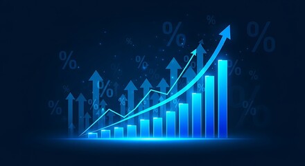Abstract blue background with glowing bar chart and upward trending arrow