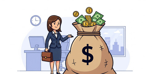 Business Woman and Money Bag Cartoon Vector,Business Concept
