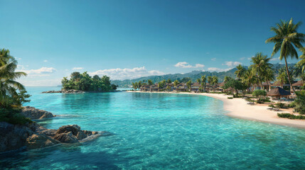 Obraz premium Tropical luxury resort seascape with palm-lined island beach and calm blue ocean