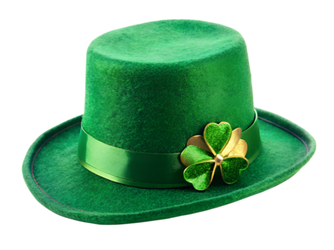 Green leprechaun hat with shamrock, isolated on transparent background