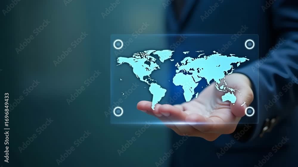 Poster hand interacting with holographic beach resorts map for family trips with empty space background con