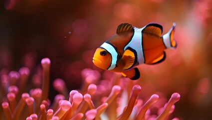 Clownfish swimming amidst pink coral in a vibrant underwater environment scene view