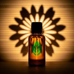 Aromatic essential oil bottle casts a beautiful floral shadow on a textured wooden background