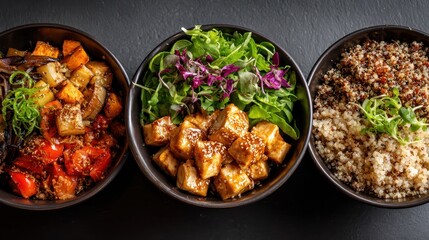 Fototapeta premium Three Bowls of Healthy Vegan Food on a Dark Background.