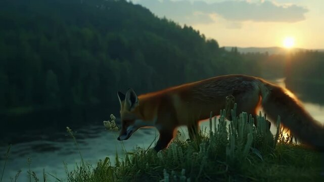 A fox standing on a riverbank at sunset, surrounded by lush greenery and tranquil waters
