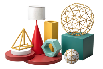 Collection of geometric decorative objects in various shapes and colors