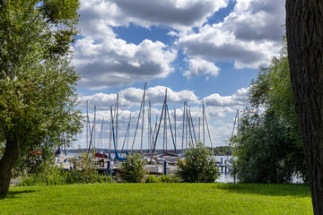 Features A Grassy Area In Front Of Sunlit View Of A Sailboat Marina Boats Are Docked On A Calm Body Of Water
