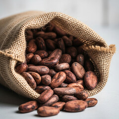 Roasted cacao beans spill from a burlap sack rich chocolate ingredient source