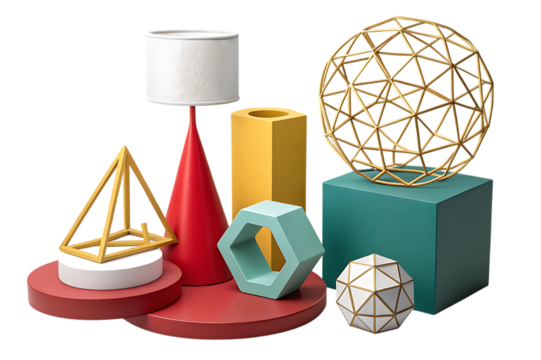 Collection of geometric decorative objects in various shapes and colors