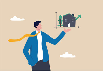 House and property investment, real estate price growth or mortgage calculation chart, buy or rent house decision concept, smart businessman property expertise presenting house pricing graph.