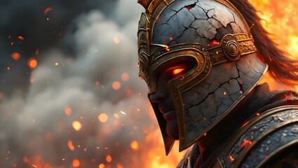 Warrior in fiery battleground with glowing eyes and cracked helmet in the heat of war