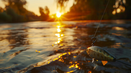 Golden sunset casts shimmering light on fishing lure over gentle river waves
