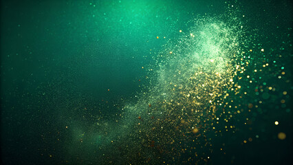 Deep emerald green with golden dust particles and textured gradient, elegant modern backdrop.