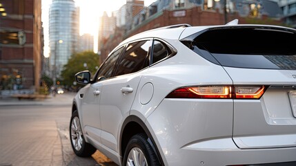Sleek white SUV captured from behind in a bustling urban area, sunlight reflecting off its red taillights and polished surface
