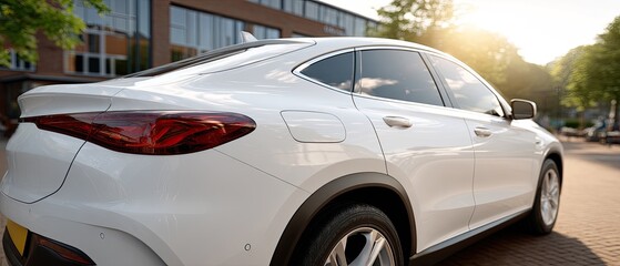 Sleek white SUV captured from behind in a bustling urban area, sunlight reflecting off its red taillights and polished surface.